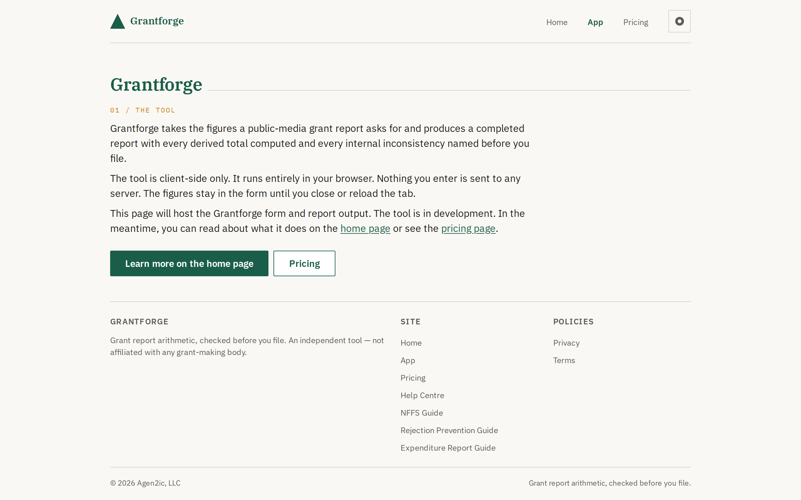 Screenshot of Grantforge: two-column tool layout showing revenue and expense form fields on the left, and the completed report with computed totals and consistency findings on the right.